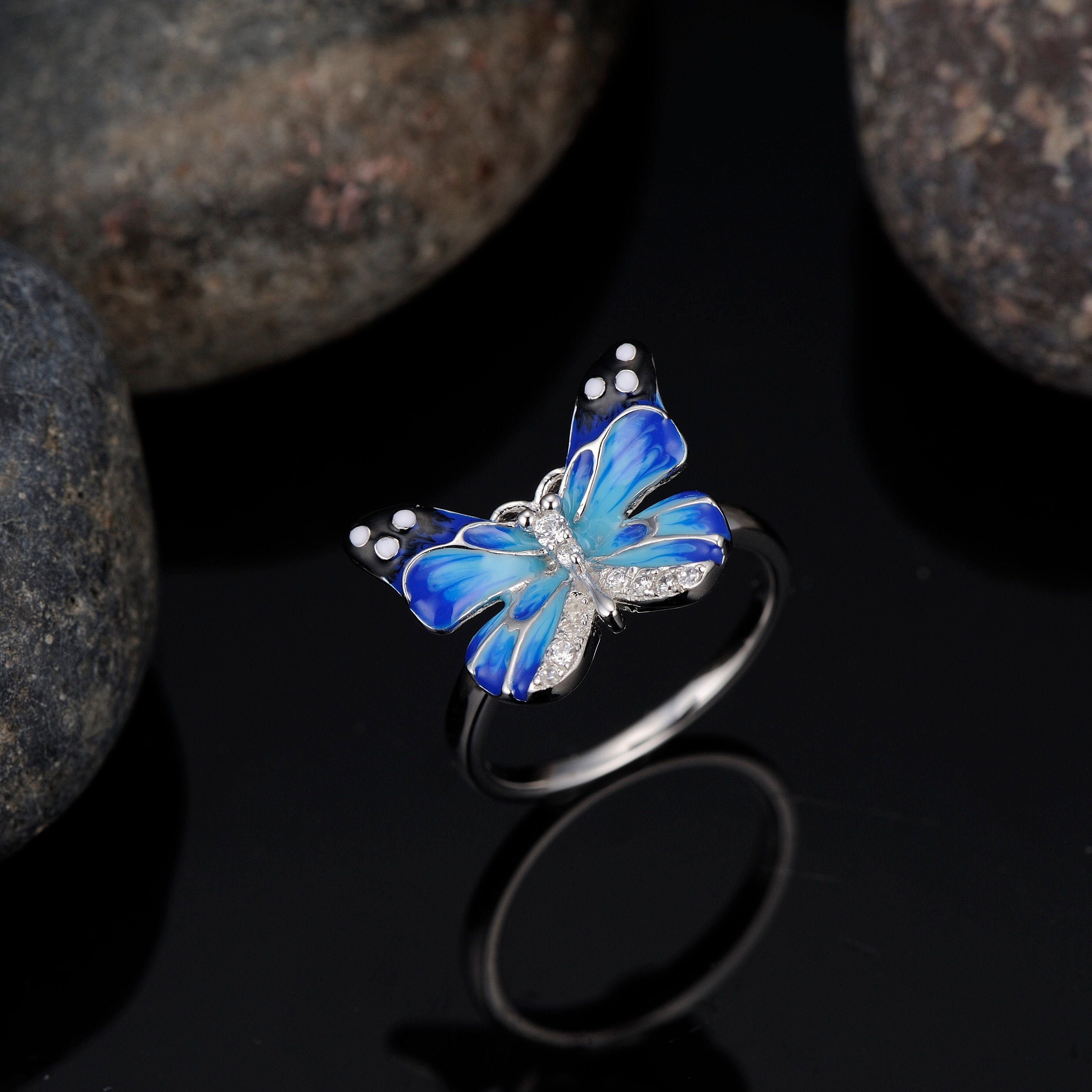 SANTUZZA Handmade Enamel Blue Butterfly Ring For Women 925 Etsy
