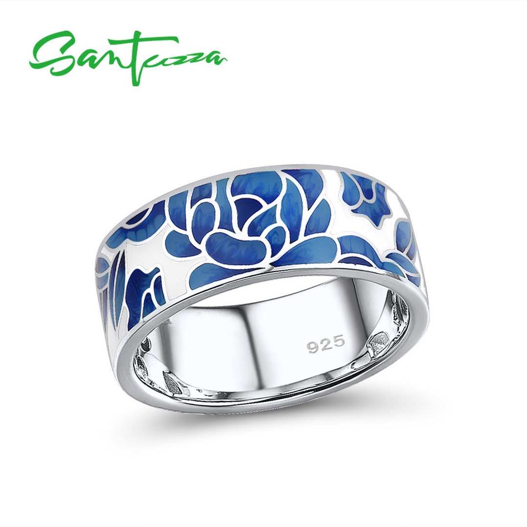 Buy SANTUZZA Handmade 925 Sterling - and Flower R310149ENA1SL925 Oriental White in Ring Enamel India Jewelry Silver F Etsy Online Blue Band