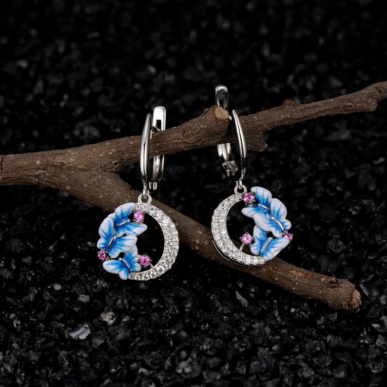 SANTUZZA Handmade Enamel Blue Butterfly Pierce Dangling Earrings For Women 925 Sterling Silver Cubic Zircon Fashion Jewelry