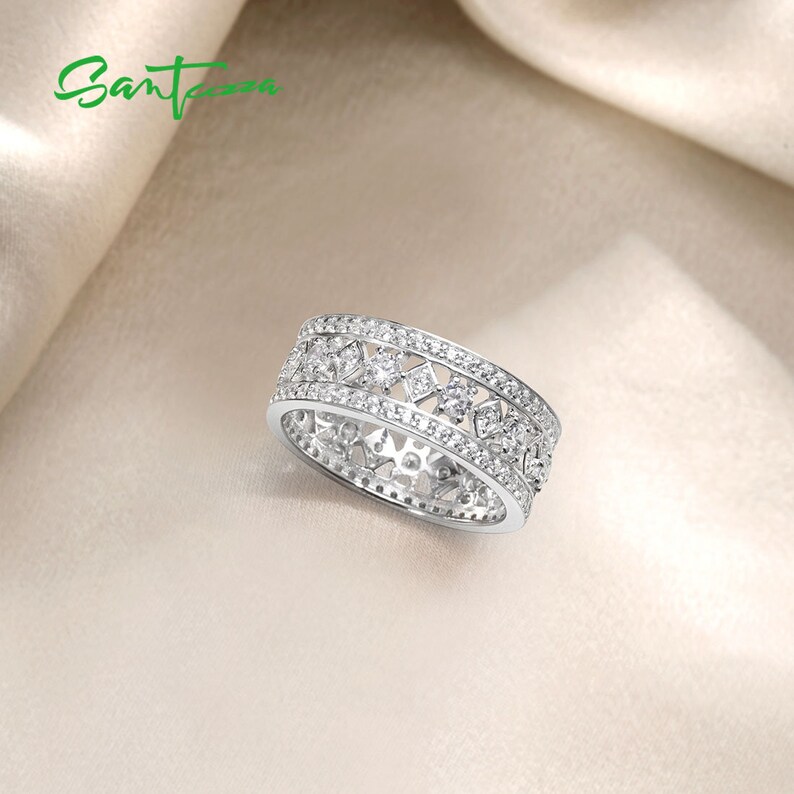 SANTUZZA Handmade White CZ All the Way Round Band Ring Sterling Silver Ring White Cubic Zirconia R305743WCZSL925