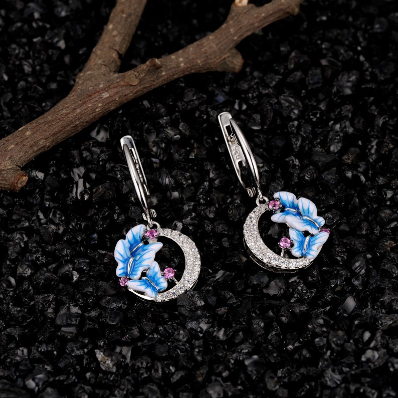 SANTUZZA Handmade Enamel Blue Butterfly Pierce Dangling Earrings For Women 925 Sterling Silver Cubic Zircon Fashion Jewelry