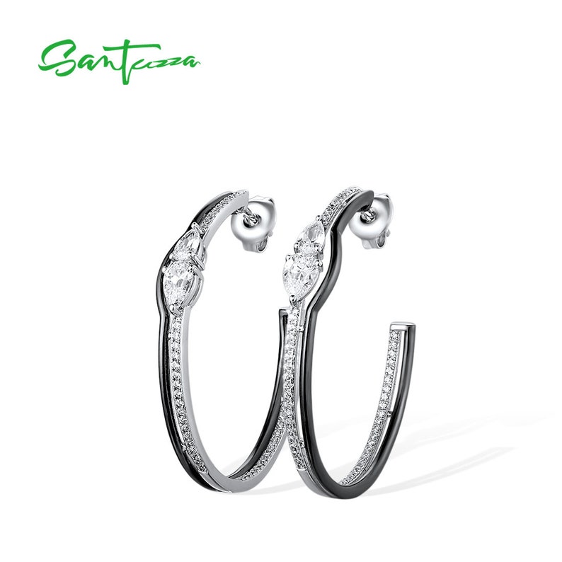 SANTUZZA Handmade Black and white Hoop Earring Sterling Silver w Black White Plating Earrings White Cubic Zirconia E316063WCZSK925