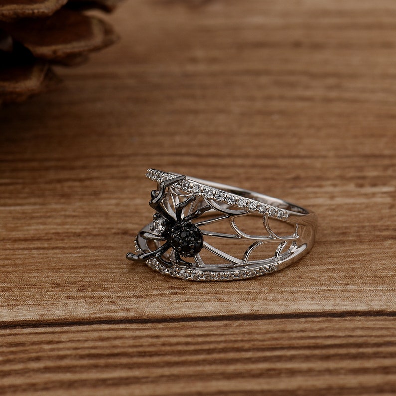 SANTUZZA Handmade Black Spider Ring 925 Sterling Silver with Charming Cubic Zircon Fashion Jewelry