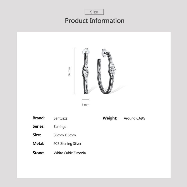 SANTUZZA Handmade Black and white Hoop Earring Sterling Silver w Black White Plating Earrings White Cubic Zirconia E316063WCZSK925