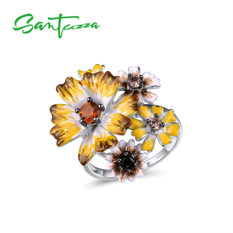 SANTUZZA Handmade Yellow chrysanthemum Enamel Flower Ring 925 Sterling Silver with Charming Cubic Zircon Fashion Jewelry R313416ENASK925