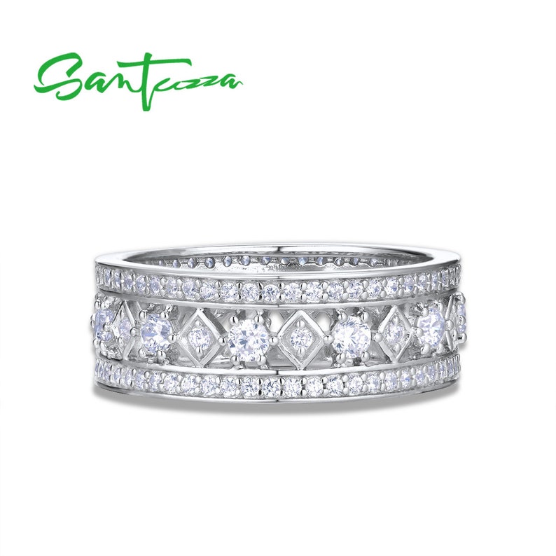 SANTUZZA Handmade White CZ All the Way Round Band Ring Sterling Silver Ring White Cubic Zirconia R305743WCZSL925