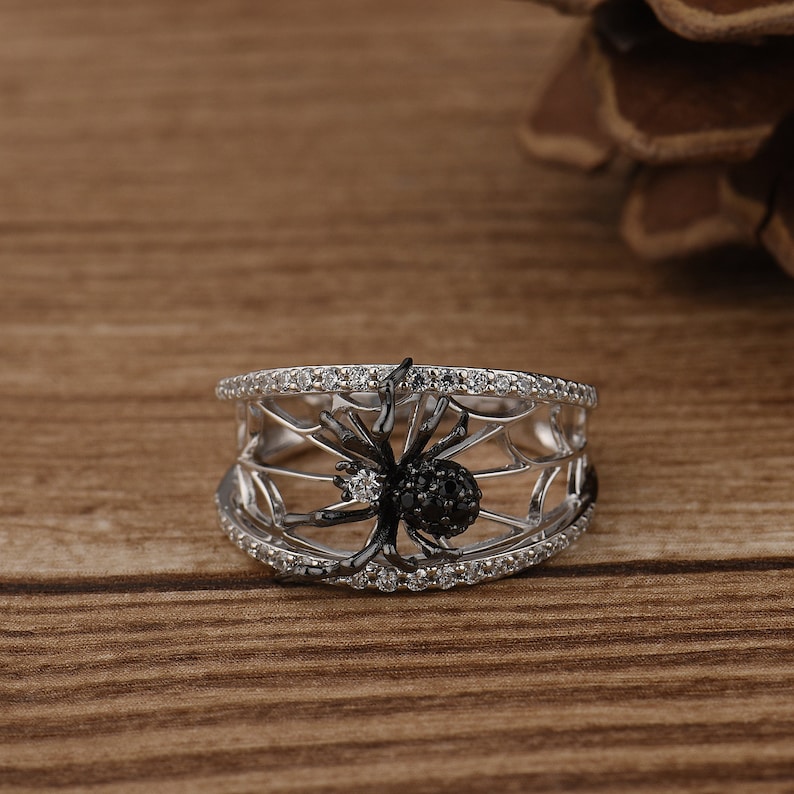 SANTUZZA Handmade Black Spider Ring 925 Sterling Silver with Charming Cubic Zircon Fashion Jewelry