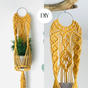 May include: A mustard yellow macrame plant hanger featuring intricate knotted patterns suspended from a silver metal ring. The design includes a central diamond motif and a long tassel at the bottom. The text DIY is visible in a white circle.