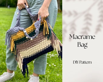 DIY PDF pattern Macrame Bag, DIY Macrame Shoulder bag, Boho chic Macrame Handbag Tutorial, Step by step Macrame Bag