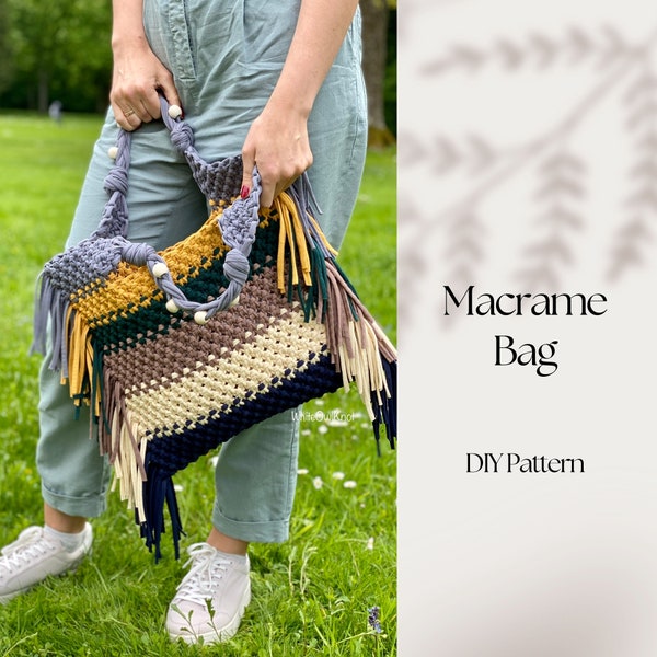 DIY PDF pattern Macrame Bag, DIY Macrame Shoulder bag, Boho chic Macrame Handbag Tutorial, Step by step Macrame Bag