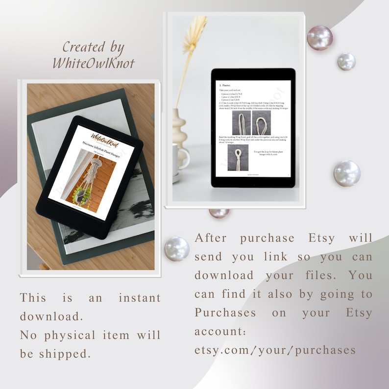 May include: A digital download for a macrame plant hanger pattern. The image shows a digital file on a tablet screen with instructions for creating a macrame plant hanger. The text on the screen reads "Macrame Jute/Sisal Plant Hanger".