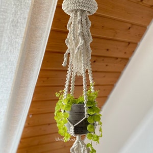 May include: A white macrame plant hanger shaped like a jellyfish with a green plant in a gray pot hanging from a ceiling.