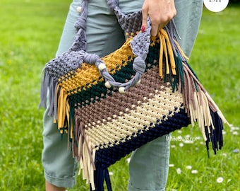 DIY PDF pattern Macrame Bag, DIY Macrame Shoulder bag, Boho chic Macrame Handbag Tutorial, Step by step Macrame Bag