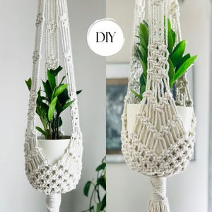 May include: A cream-colored macrame plant hanger featuring intricate knotted patterns and a tassel at the bottom, holding a white pot with a green plant. The image includes the text DIY in a white circle, showcasing the hanging cord structure.