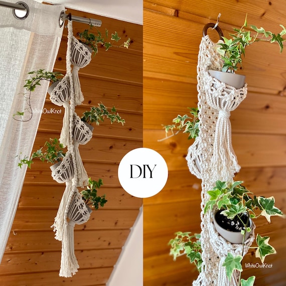 PDF Anleitung Makramee Pflanzenampel, mehrere Blumenampel DIY, cosy pod Pflanzgefäß Muster, DIY Makramee, Schritt für Schritt, wie man Blumenampel bepflanzt