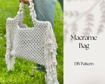 Macrame Handbag PDF Pattern, DIY Macrame Boho Purse, Macrame Shopping Bag Tutorial, How to Macrame Bag