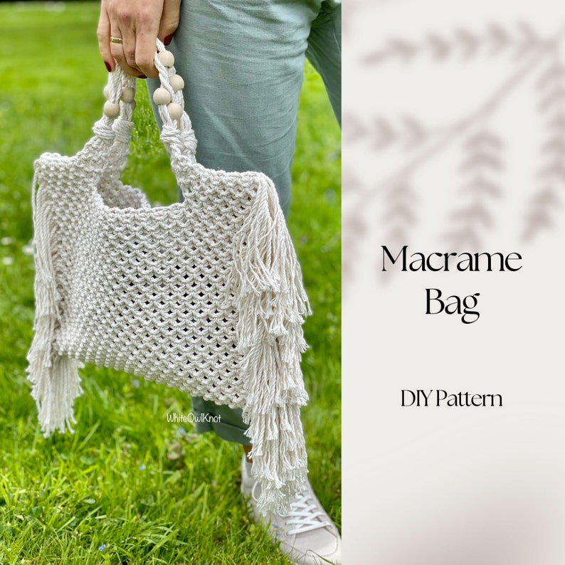 Macrame Handbag PDF Pattern, DIY Macrame Boho Purse, Macrame Shopping Bag Tutorial, How to Macrame Bag image 1