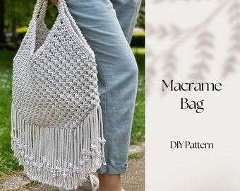 Macrame Shoulder Bag PDF Pattern, DIY Macrame Boho Hippie Bag, Macrame Shopping Bag Tutorial, Tote Bag, How to Macrame Bag