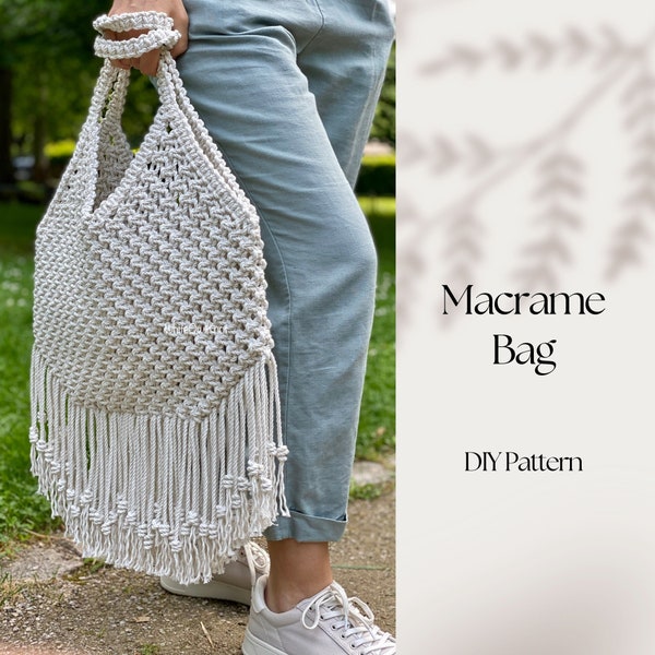 Modèle PDF de sac à bandoulière en macramé, sac hippie bohème en macramé bricolage, tutoriel de sac shopping en macramé, sac fourre-tout, comment faire un sac en macramé