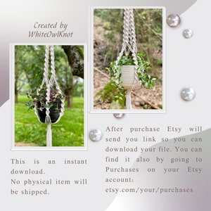 May include: A white macrame plant hanger with a green plant inside. The hanger is hanging from a tree branch. The text "Created by WhiteOwlKnot" is visible in the image.
