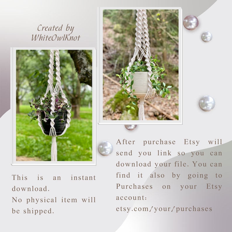 May include: A white macrame plant hanger with a green plant inside. The hanger is hanging from a tree branch. The text "Created by WhiteOwlKnot" is visible in the image.