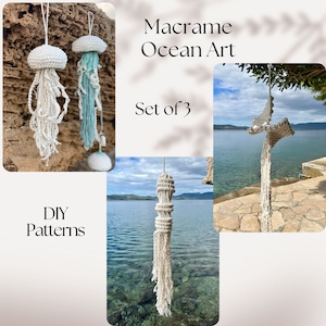 Conjunto de 3 padrões DIY Macrame Jellyfish and Ocean Spirit, Macrame PDF Pattern, Ocean Art Creatures, Beach House Decorations, Wind Spinner