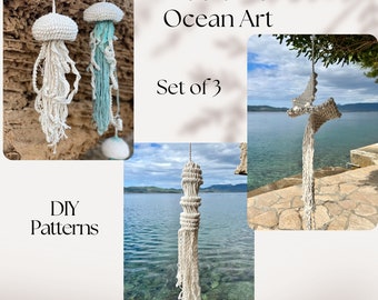 Set of 3 DIY patterns Macrame Jellyfish and Ocean Spirit, Macrame PDF Pattern, Ocean Art Creatures, Beach House Decorations, Wind Spinner