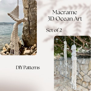 Conjunto de 2 padrões de PDF de arte em fibra 3D de macramê, decoração com tema do oceano, medusa macramê e criaturas do espírito do oceano, vida marinha, download instantâneo