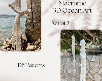 Set of 2 Macrame 3D Fiber Art PDF Patterns, Ocean Theme Decor, Macrame Jellyfish and Ocean Spirit Creatures, Sea Life, Instant Download
