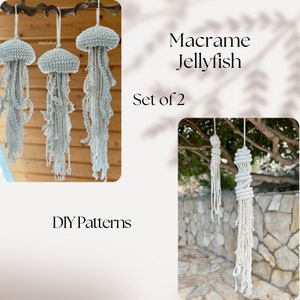 Conjunto de 2 padrões DIY Macrame Jellyfish, Macrame PDF Pattern, Ocean Art Creatures, Beach House Decorations, 3D Art, Sea life, Digital Download
