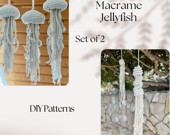 Set of 2 DIY patterns Macrame Jellyfish, Macrame PDF Pattern, Ocean Art Creatures, Beach House Decorations, 3D Art,Sea life,Digital Download