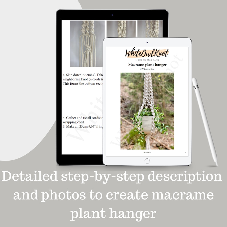 May include: A digital tablet displaying a macrame plant hanger DIY tutorial with step-by-step instructions and photos. The tutorial is titled "Macrame Plant Hanger" and is from the website "White Owl Knot".