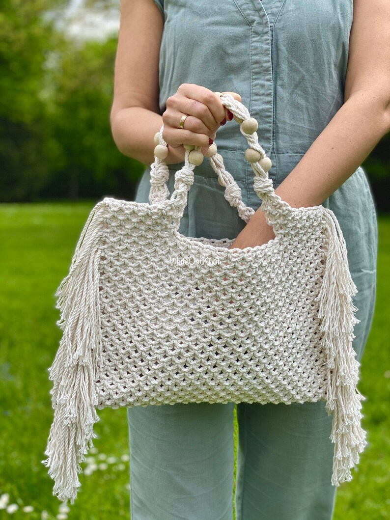 Macrame Handbag PDF Pattern, DIY Macrame Boho Purse, Macrame Shopping Bag Tutorial, How to Macrame Bag image 4