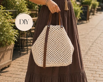 Macrame Bag PDF Pattern, Market Bag DIY, Modern Boho Purse, Handbag Pattern, Macrame Tote Bag,Step-by-step Instructions with video tutorials