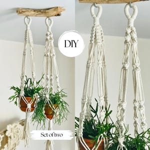 Peut inclure: Un ensemble de deux suspensions pour plantes en macramé blanc cassé, fixées à une branche de bois naturel. Chaque suspension présente des motifs de nœuds complexes et soutient un pot en terre cuite avec une plante verte. Texte DIY et Set of two.