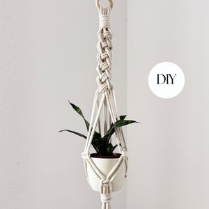 May include: A macrame plant hanger in cream-colored cotton cord, holding a white ceramic pot with a green plant. The hanger features a wooden ring at the top and a woven design. The word "DIY" is in a white circle.