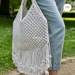 Macrame Shoulder Bag PDF Pattern, DIY Macrame Boho Hippie Bag, Macrame Shopping Bag Tutorial, Tote Bag, How to Macrame Bag