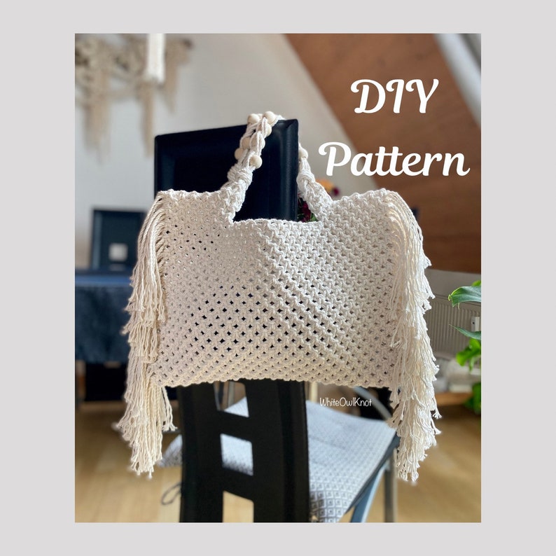 Macrame Handbag PDF Pattern, DIY Macrame Boho Purse, Macrame Shopping Bag Tutorial, How to Macrame Bag image 2