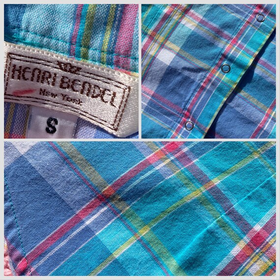 Vintage plaid shirt snap blue pink Henri Bendel c… - image 2