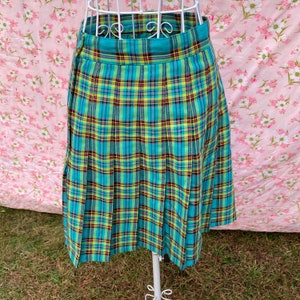 80s 90s vintage skirt pleated plaid blue black yellow S M turquoise Tracy Evans image 2