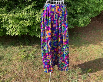 Vintage 70s psychedelic skirt colorful bright XS-S floral maxi long floor pink green yellow purple paisley floral