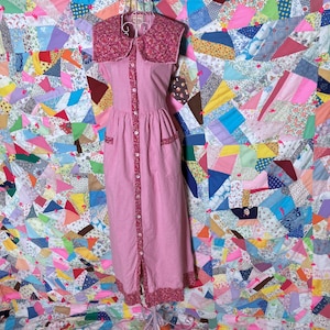 vintage 90s dress floral grid | M-L |pink green white April Cornell for Cornell Trading cotton bib collar