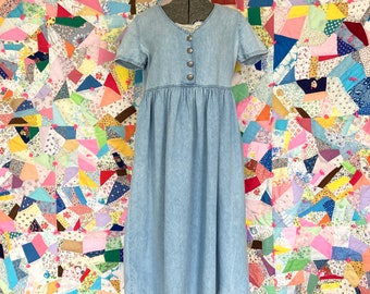 vintage 90s denim dress fades  cottage core light wash 1990s cotton western farmcore jean lace  |M| Ms. Conduct