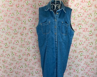 vintage cottage core denim dress 90s 1990s cotton western farmcore jean chambray |L-XL| Bill Blass