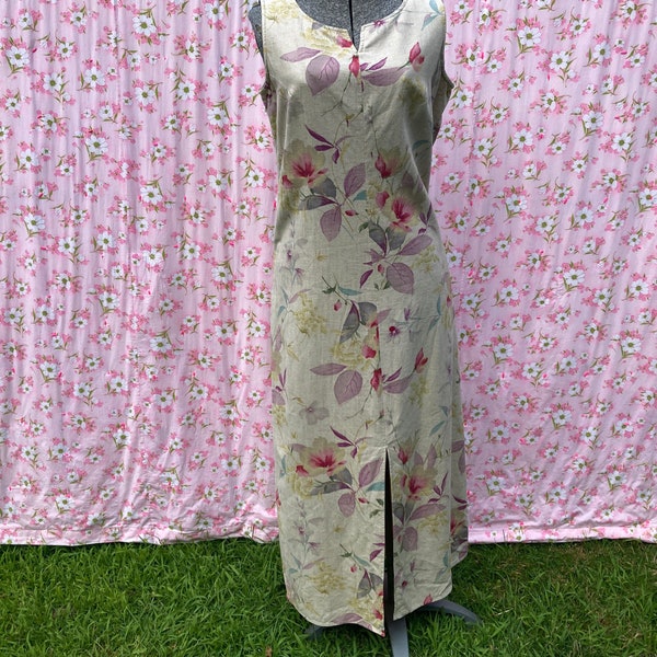 vtg vintage cottage core dress 1990s jumper linen cotton western farmcore | S - M | beige floral purple