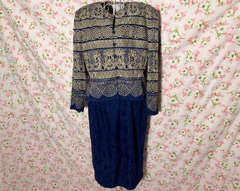 Vintage 70s 80  skirt and jacket matching set | M-L | made in USA navy blue gold floral abstract Adriana Papéll Petites