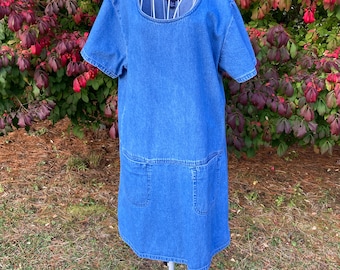 vintage 90s dress cottage core denim fades 1990s cotton western farmcore jean dark to medium wash |M-L| short sleeve Blue J