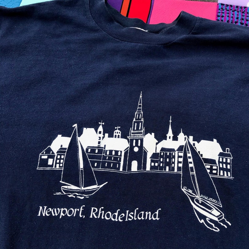 Vintage vtg navy blue 80s newport rhode island destination long sleeve graphic print t shirt graphic S M soft worn in navy blue 1980s distr