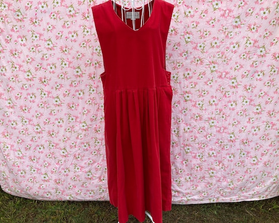 vintage red corduroy jumper dress 80s 90s cottage… - image 1
