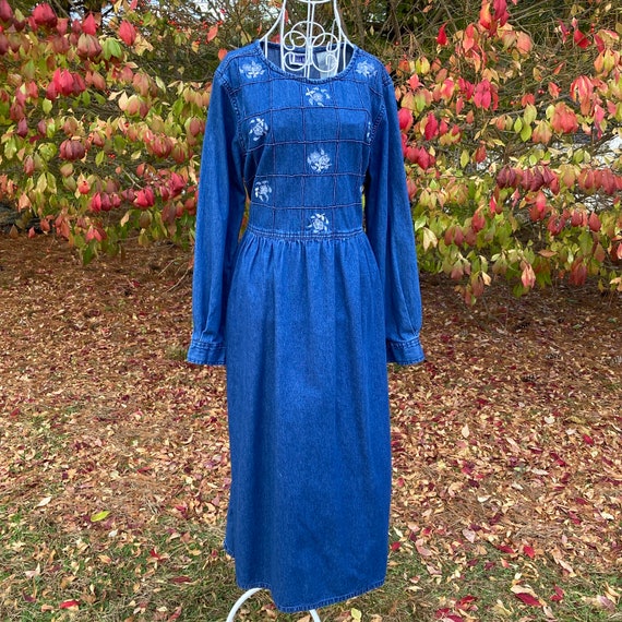 white christmas dresses DENIM FLORAL EMBROIDERED DRESS – codressing main image 1